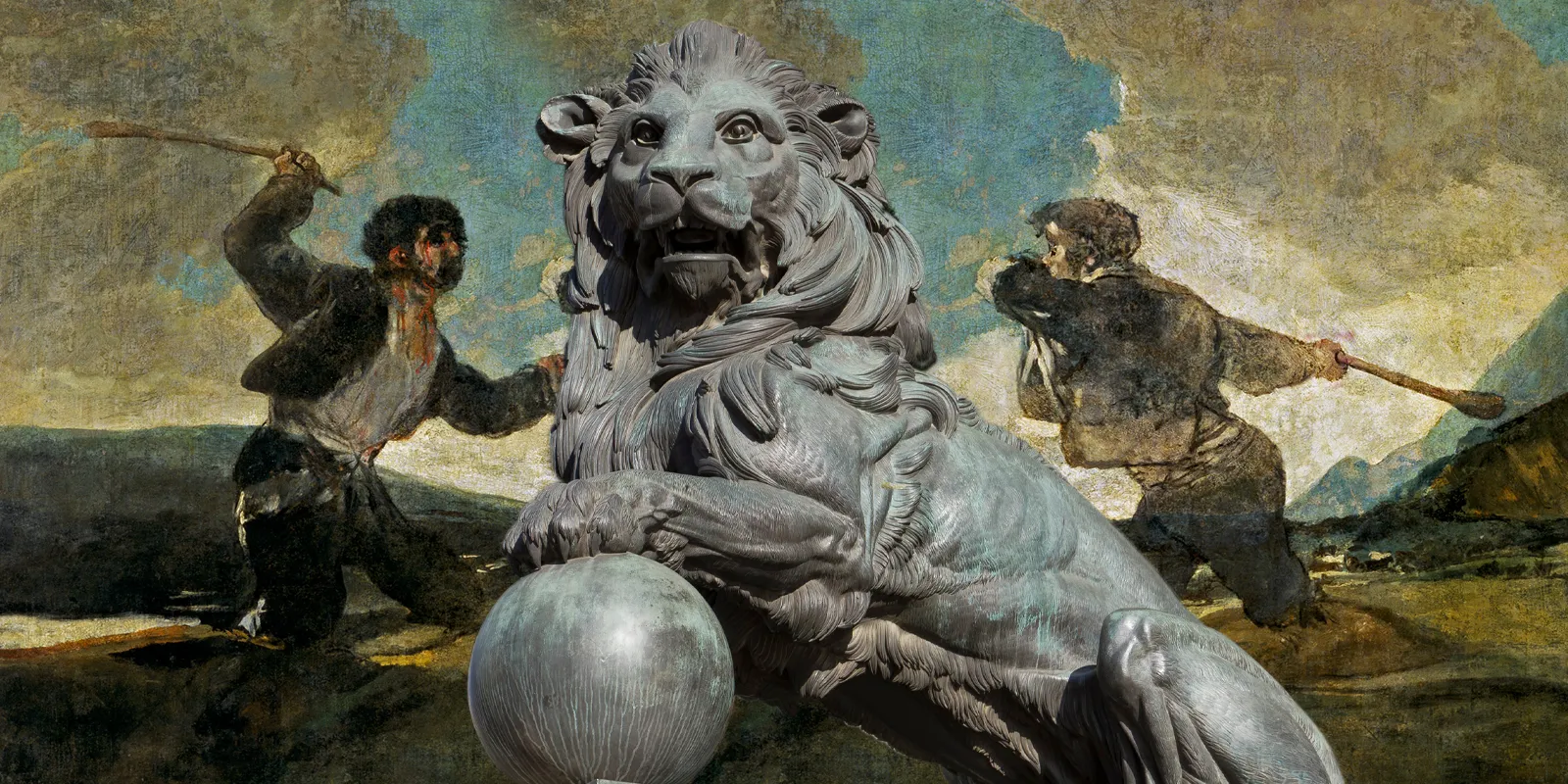 Goya duelo a garrotazos delante de los leones del Congreso en Madrid