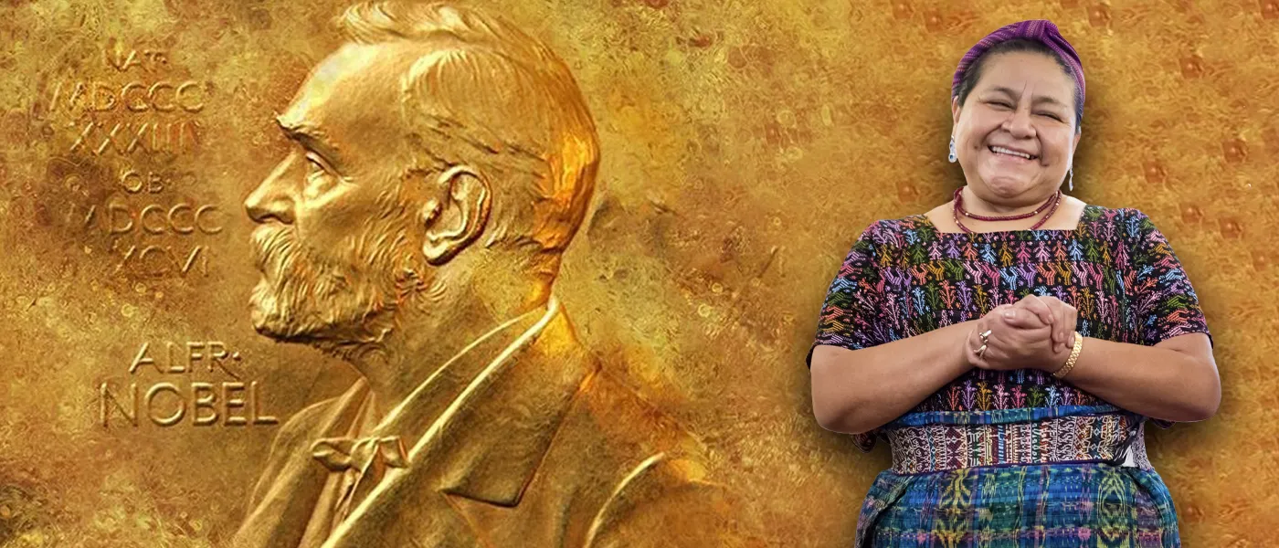 rigoberta-menchu-tum-premio-nobel-paz-entrevista-grazie-magazine Rigoberta Menchú Tum junto a la imagen del Premio Nobel en una entrevista para GraZie Magazine