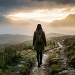 Una fotografía artística en formato horizontal muestra a una persona caminando sola por un sendero sinuoso envuelto en una suave niebla matutina. La luz dorada del amanecer se filtra a través de las nubes, creando un contraste dramático con el cielo oscuro. El paisaje es minimalista y poético, evocando sentimientos de introspección, esperanza y serenidad interior.