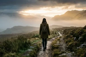 Una fotografía artística en formato horizontal muestra a una persona caminando sola por un sendero sinuoso envuelto en una suave niebla matutina. La luz dorada del amanecer se filtra a través de las nubes, creando un contraste dramático con el cielo oscuro. El paisaje es minimalista y poético, evocando sentimientos de introspección, esperanza y serenidad interior.
