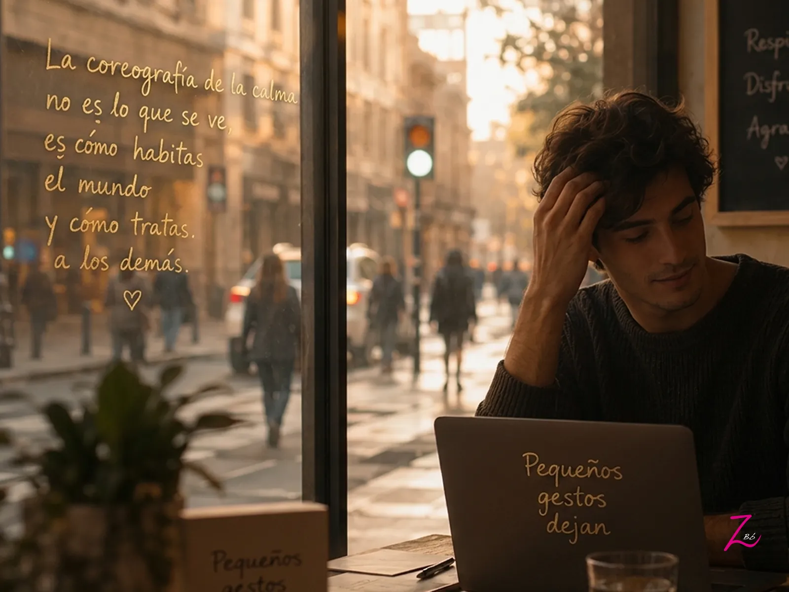 Primer plano de un joven pensativo en una cafetería junto a un ventanal. Sobre el cristal, en tipografía manuscrita, se lee: 'La coreografía de la calma no es lo que se ve, es cómo habitas el mundo y cómo tratas a los demás.