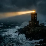 Un antiguo faro de piedra iluminando un mar tormentoso en la oscuridad, símbolo de la búsqueda de la verdad y la responsabilidad ética en la sociedad actual.