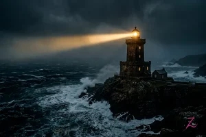 Un antiguo faro de piedra iluminando un mar tormentoso en la oscuridad, símbolo de la búsqueda de la verdad y la responsabilidad ética en la sociedad actual.