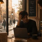 Un joven pensativo con un portátil en una cafetería acogedora al atardecer, mientras un camarero le sirve café. El texto manuscrito en el cristal de la ventana dice: 'La belleza no es lo que se ve, es cómo habitas el mundo y cómo tratas a los demás'. Estilo fotográfico de retrato de estilo de vida urbano.