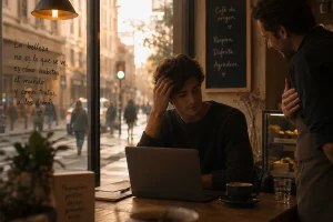 Un joven pensativo con un portátil en una cafetería acogedora al atardecer, mientras un camarero le sirve café. El texto manuscrito en el cristal de la ventana dice: 'La belleza no es lo que se ve, es cómo habitas el mundo y cómo tratas a los demás'. Estilo fotográfico de retrato de estilo de vida urbano.