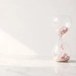 Reloj de arena de cristal sobre superficie de mármol blanco con pétalos de flores rosas cayendo en su interior, simbolizando la longevidad con propósito en un entorno de diseño minimalista y luminoso.