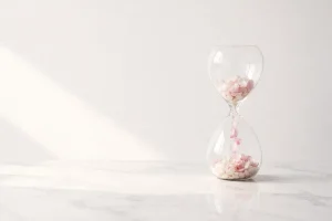 Reloj de arena de cristal sobre superficie de mármol blanco con pétalos de flores rosas cayendo en su interior, simbolizando la longevidad con propósito en un entorno de diseño minimalista y luminoso.
