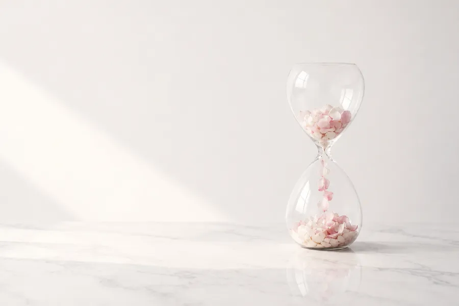 Reloj de arena de cristal sobre superficie de mármol blanco con pétalos de flores rosas cayendo en su interior, simbolizando la longevidad con propósito en un entorno de diseño minimalista y luminoso.