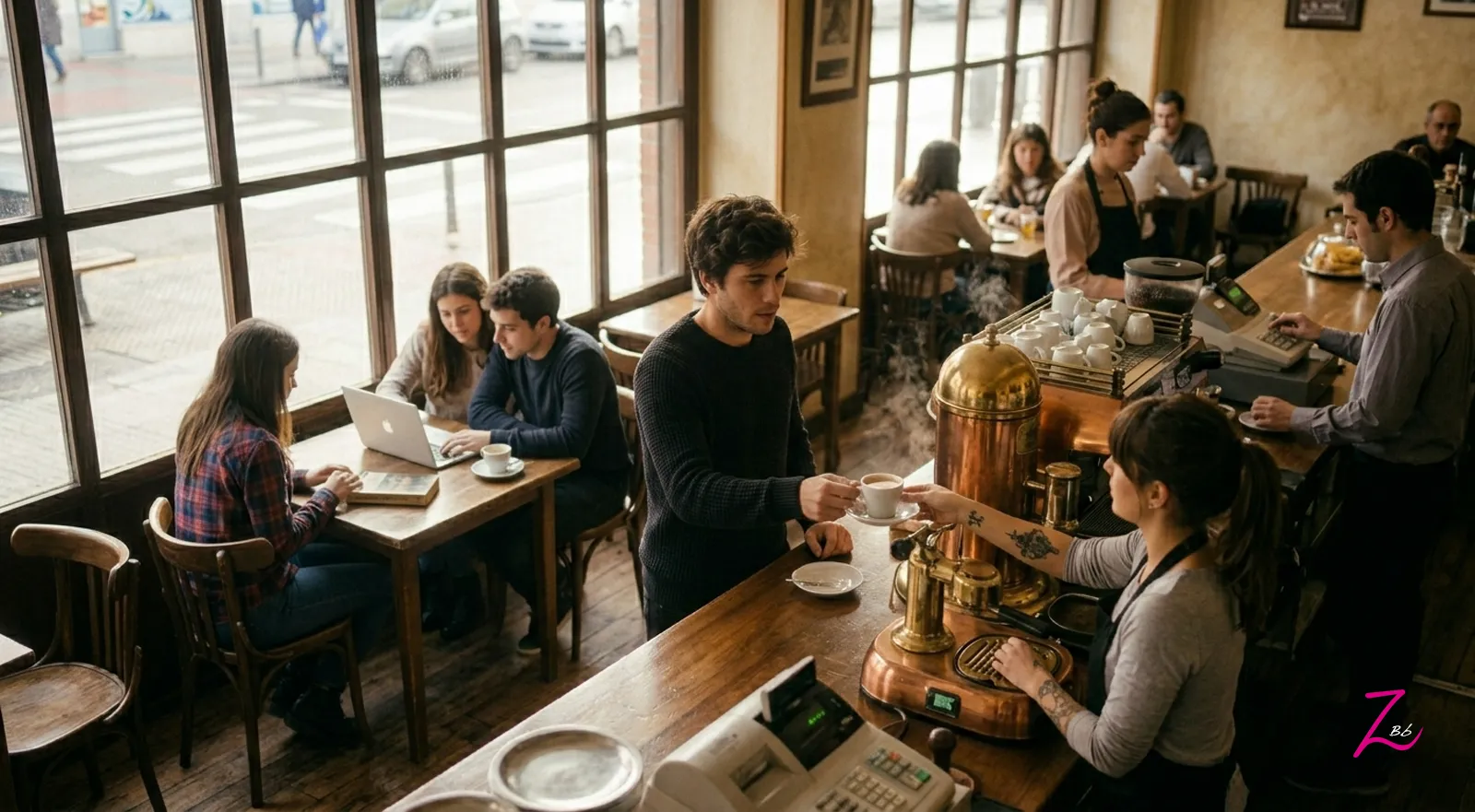 Un cliente recibiendo una taza de café de manos de una barista en una cafetería clásica, en un entorno de trabajo y estudio compartido. La escena transmite un momento de pausa consciente y conexión cotidiana