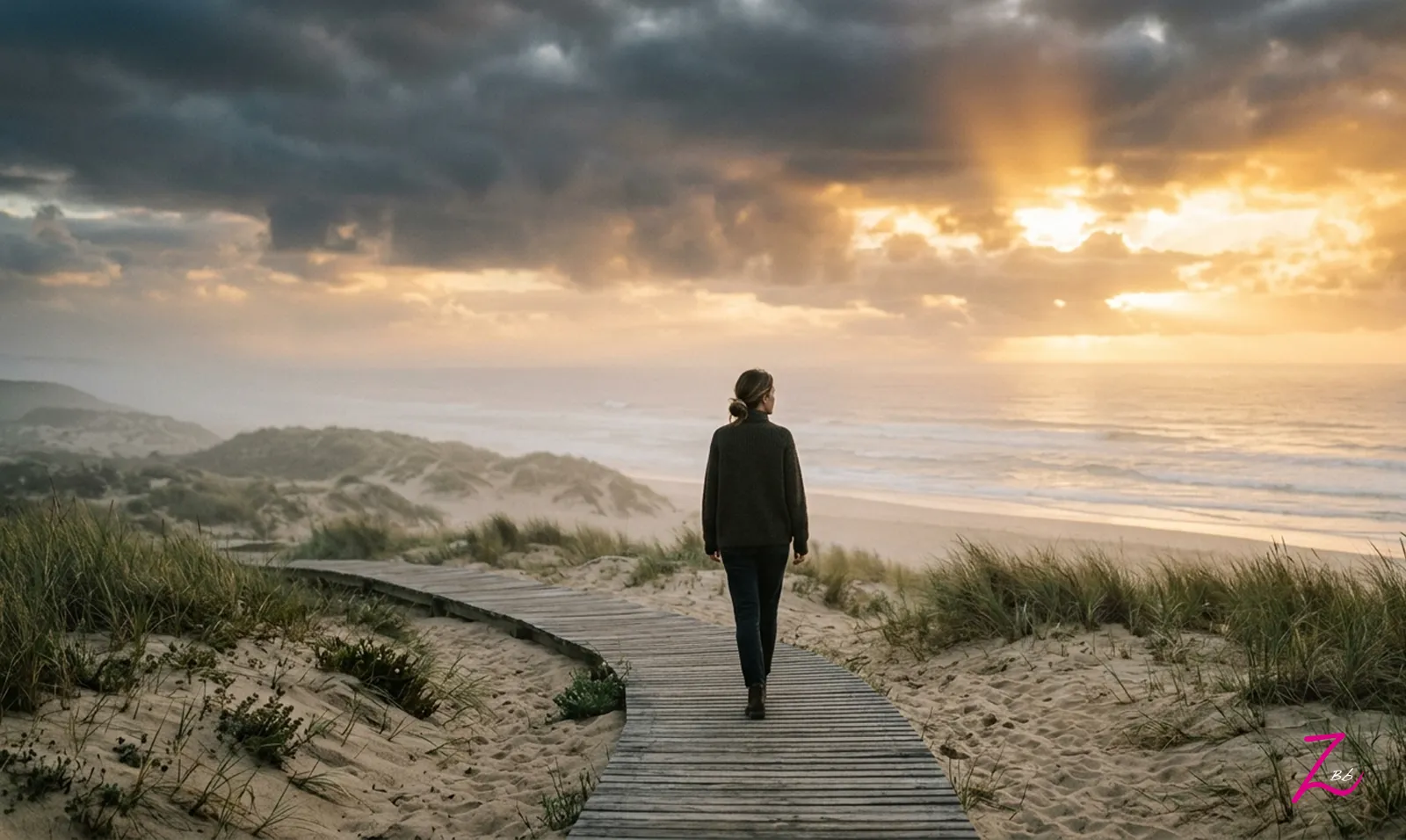 Fotografía artística de una mujer caminando sola por una pasarela de madera que cruza dunas de arena hacia el mar en calma. El horizonte está bañado por la luz dorada del amanecer, bajo un cielo con dramáticas nubes oscuras y claros luminosos.