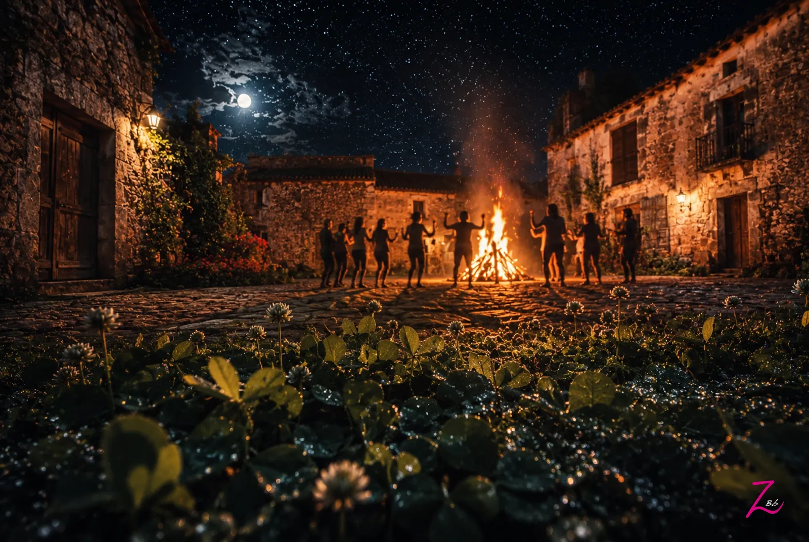 Hoguera tradicional de la Noche de San Juan en la plaza de un pueblo, rodeada de simbolismo y magia rural.