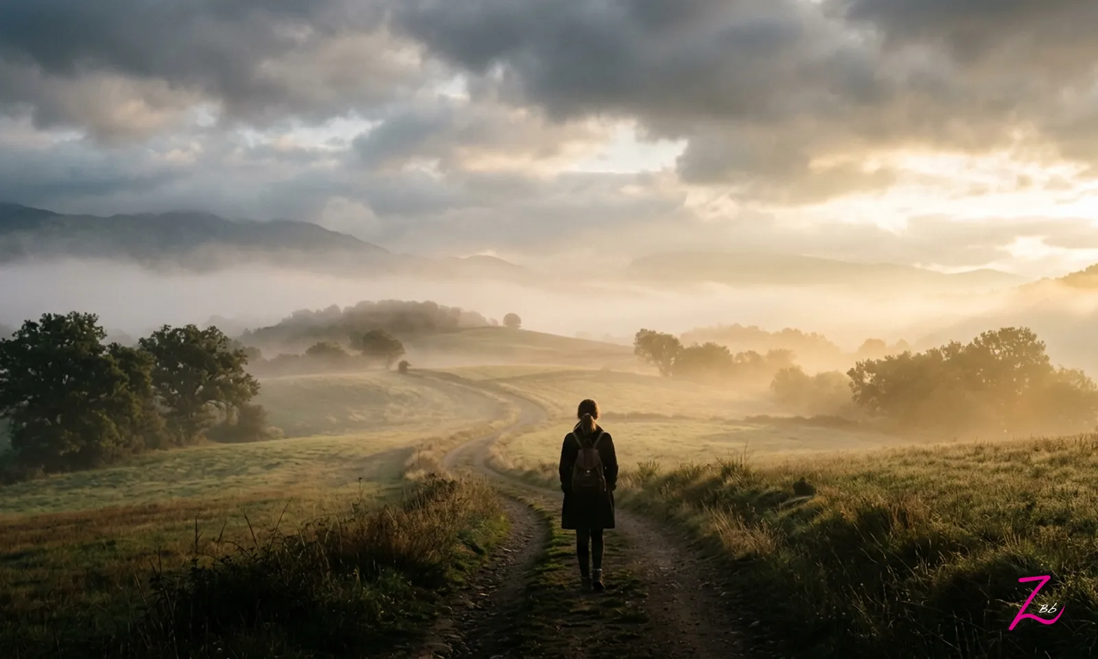 Fotografía cinematográfica de una figura solitaria caminando lentamente por un sendero de tierra sinuoso que se adentra en un paisaje de colinas envuelto en niebla matutina. La suave luz dorada del amanecer se filtra a través de un cielo contrastado con nubes oscuras.