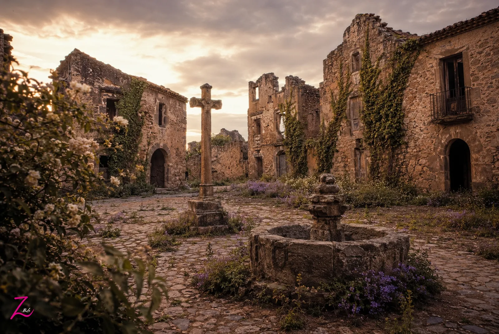 Plaza central de un pueblo abandonado en la España rural con fuente de piedra antigua al atardecer