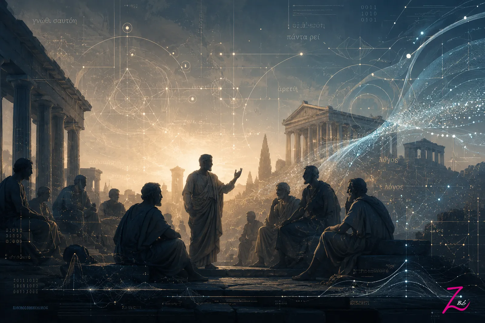 Ilustración conceptual que combina columnas clásicas griegas con redes de datos digitales y formas geométricas, representando la integración de la ética tradicional en la era de la información.