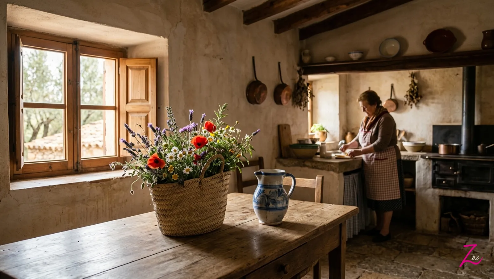Interior de una casa rural tradicional con objetos cotidianos que representan la calidez del hogar