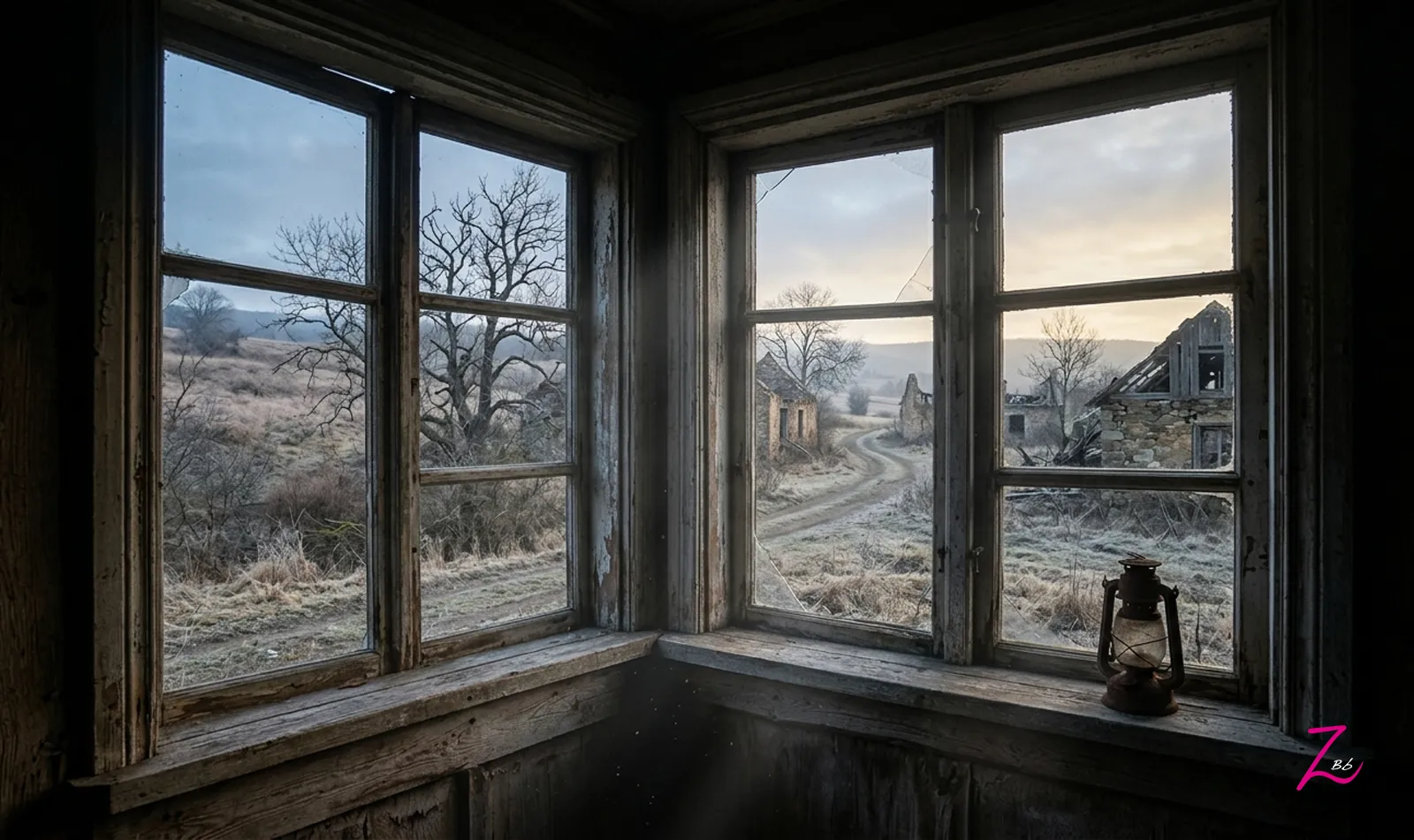 Ventana de madera vieja con vistas a un paisaje rural abandonado.