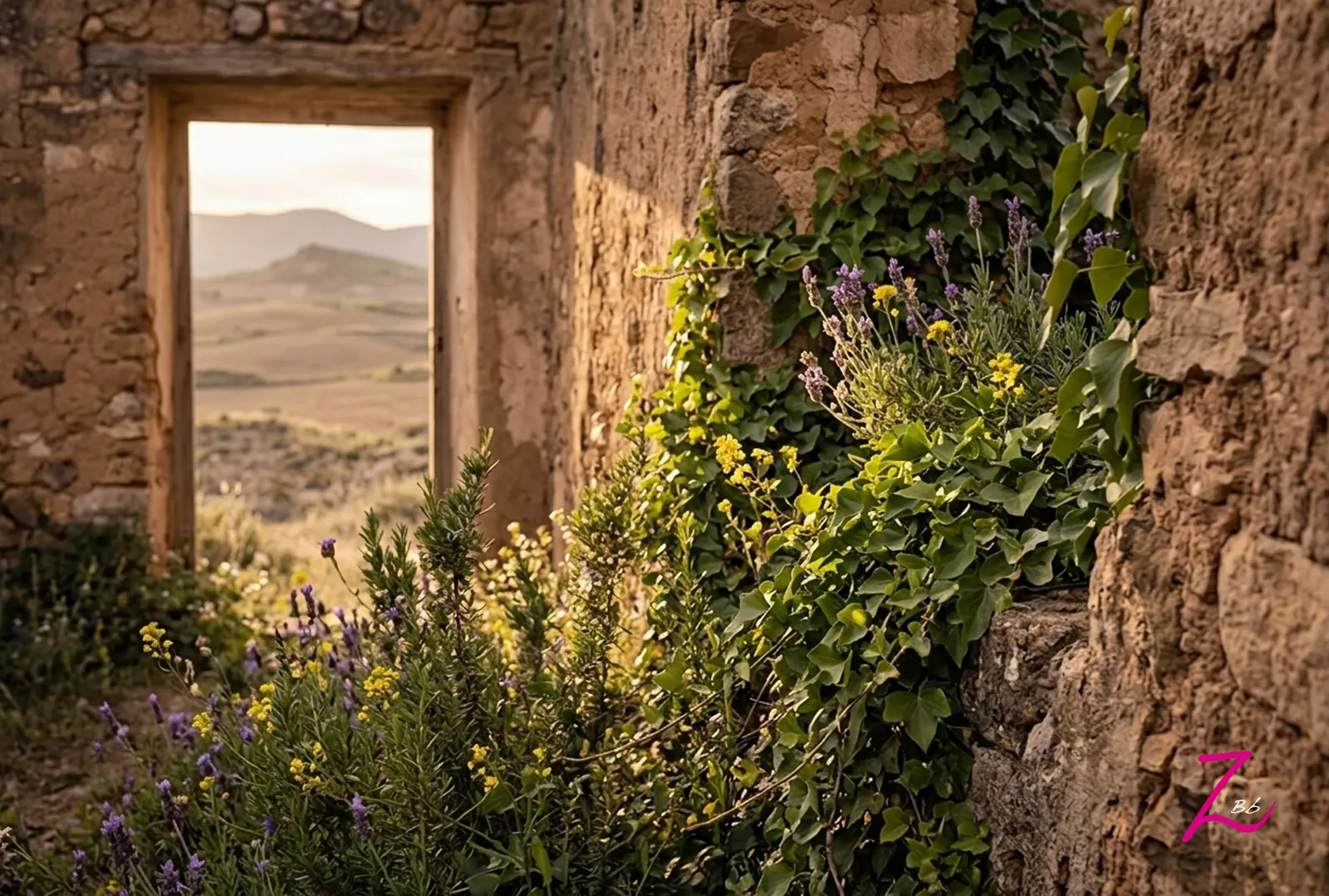 Un primer plano de enredaderas silvestres y flores creciendo exuberantemente a través de las grietas de un muro de piedra desgastado en un pueblo abandonado.
