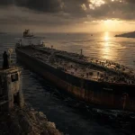 "Figura sombría sosteniendo una llave dorada sobre una torre de vigilancia desolada, observando un buque petrolero colosal en el Estrecho de Ormuz al atardecer."