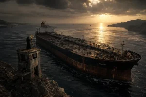 "Figura sombría sosteniendo una llave dorada sobre una torre de vigilancia desolada, observando un buque petrolero colosal en el Estrecho de Ormuz al atardecer."