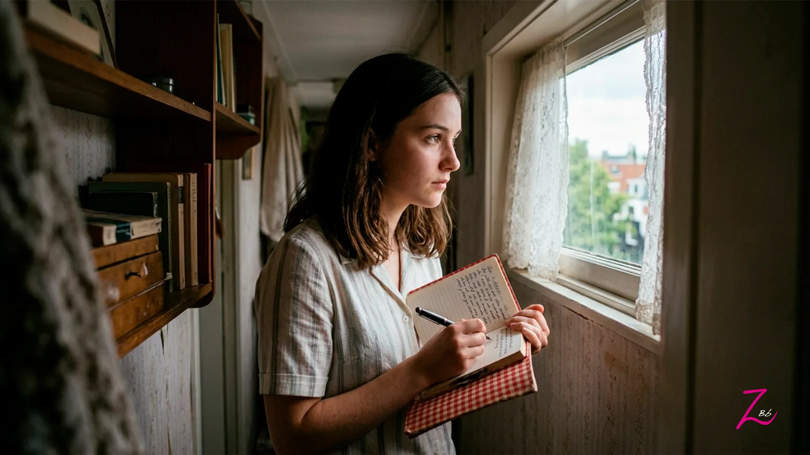 Joven concentrada escribiendo en su diario junto a una ventana, capturando un momento de reflexión profunda y vida intensa, estilo fine-art para GraZie Magazine.
