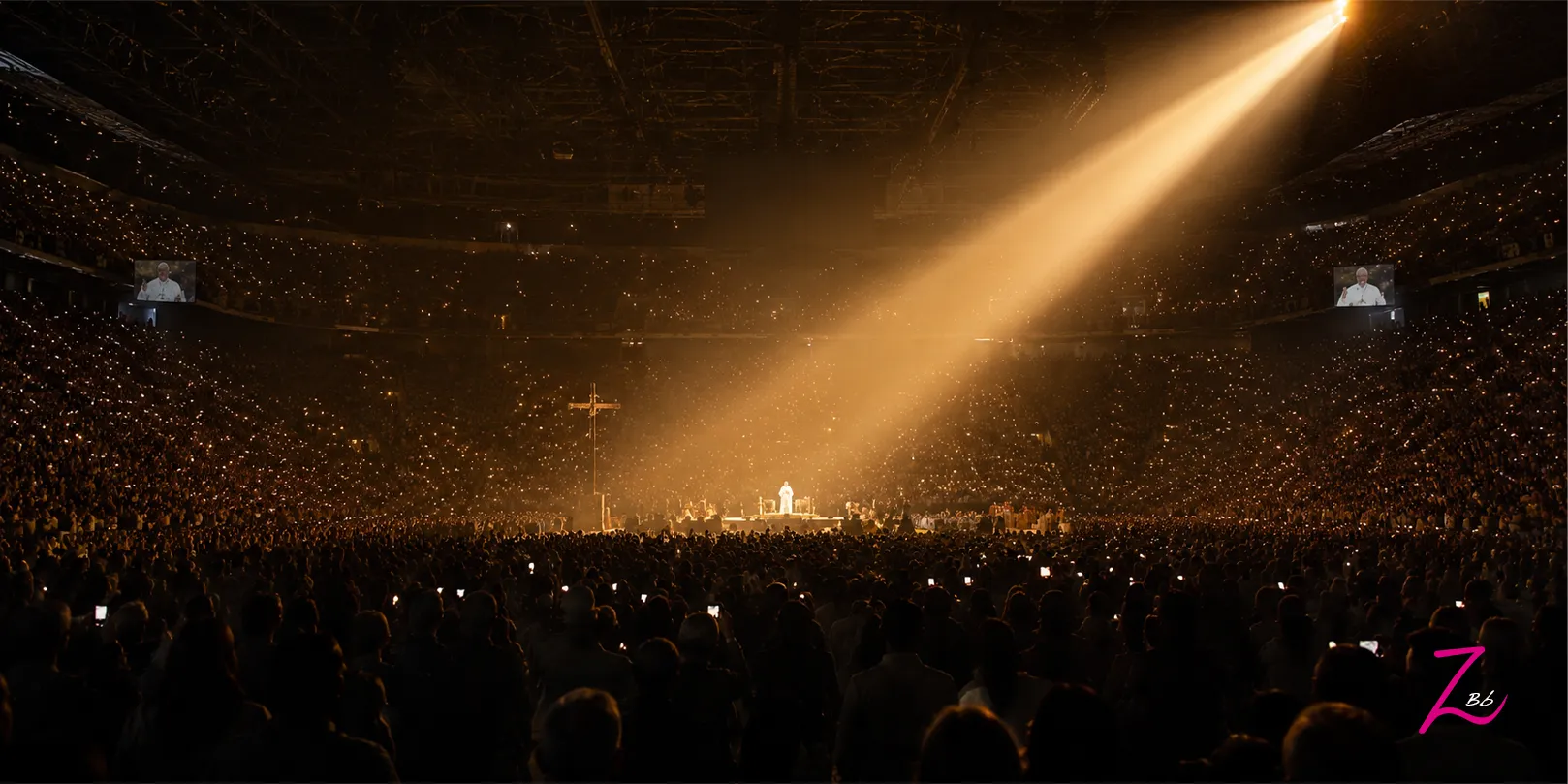 "Vista panorámica de una gran multitud en un estadio iluminado por miles de pequeñas luces, centrada en un escenario donde se encuentra el Papa León XIV bajo un potente haz de luz dorada diagonal. Escena que simboliza unidad y esperanza en Madrid."