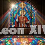"Vidriera de estilo gótico que representa a una figura religiosa, Papa León XIV, con vestiduras pontificias rojas y doradas, sosteniendo un báculo. La luz del sol atraviesa los cristales de colores proyectando un reflejo vibrante y caleidoscópico de colores brillantes en el suelo de piedra de una catedral. Cabecera de GraZie Magazine para el artículo 'Madrid, un escenario de esperanza'."