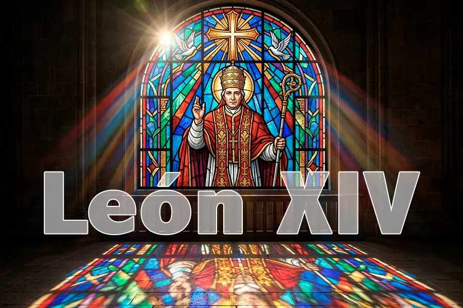 "Vidriera de estilo gótico que representa a una figura religiosa, Papa León XIV, con vestiduras pontificias rojas y doradas, sosteniendo un báculo. La luz del sol atraviesa los cristales de colores proyectando un reflejo vibrante y caleidoscópico de colores brillantes en el suelo de piedra de una catedral. Cabecera de GraZie Magazine para el artículo 'Madrid, un escenario de esperanza'."