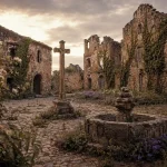 Plaza central de un pueblo abandonado en la España rural con una fuente de piedra antigua y una cruz bajo la luz dorada del atardecer.