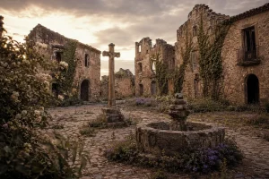 Plaza central de un pueblo abandonado en la España rural con una fuente de piedra antigua y una cruz bajo la luz dorada del atardecer.