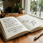Un cuaderno abierto sobre una mesa de madera junto a una ventana, con reflexiones manuscritas sobre el valor de la vida cotidiana y la gratitud, al estilo artístico de GraZie Magazine.