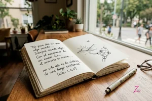 Un cuaderno abierto sobre una mesa de madera junto a una ventana, con reflexiones manuscritas sobre el valor de la vida cotidiana y la gratitud, al estilo artístico de GraZie Magazine.