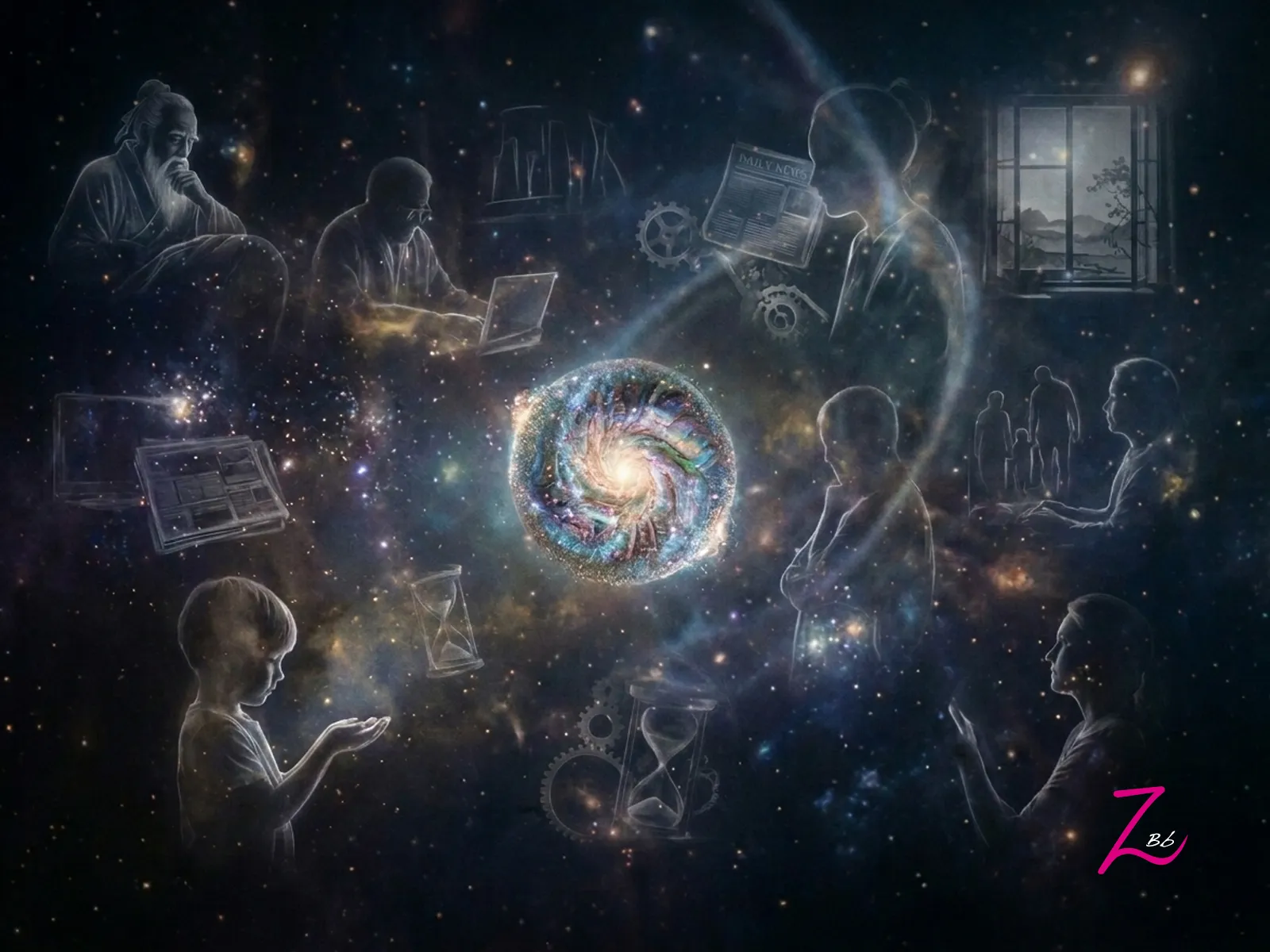 Composición artística que fusiona un núcleo galáctico central con siluetas humanas y elementos de la vida cotidiana, representando cómo el universo entero se sintetiza en cada momento vivido.