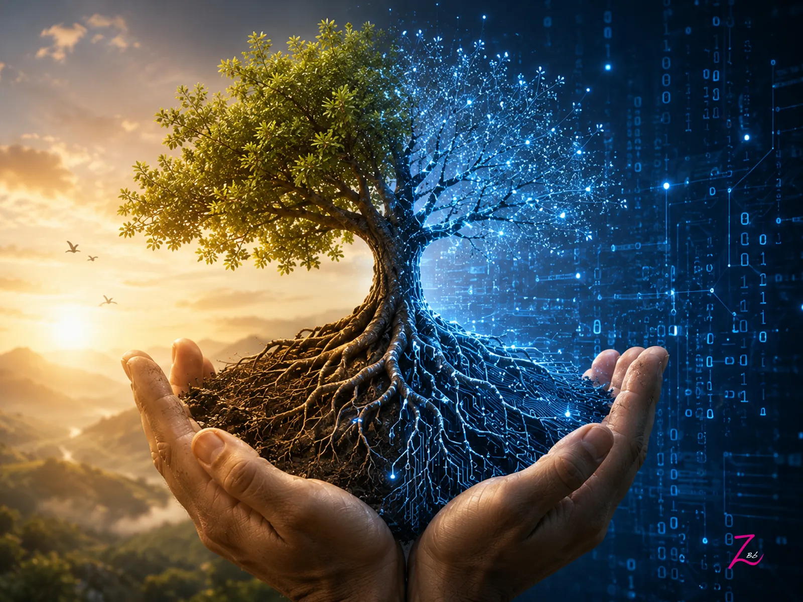 Árbol sostenido entre unas manos, transformándose de naturaleza a circuitos digitales, símbolo de la adaptación humana al progreso tecnológico sin perder sus raíces.