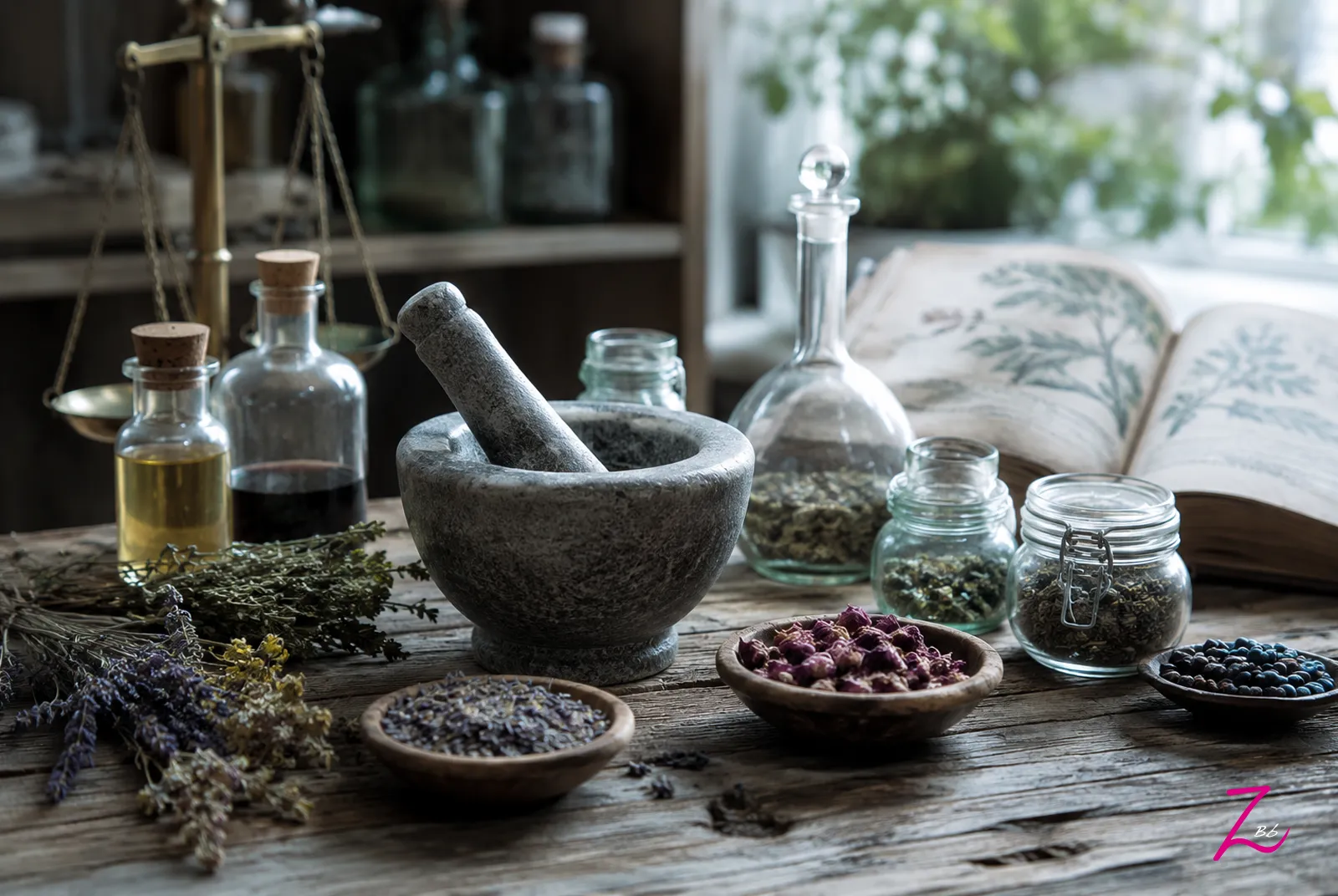 Mesa de trabajo de un alquimista con mortero, frascos de vidrio, plantas medicinales y antiguos manuscritos como símbolo de la transformación interior y la búsqueda de la verdadera piedra filosofal.