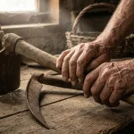 Manos de un campesino sosteniendo antiguos aperos de labranza sobre una mesa de madera en un desván rural.