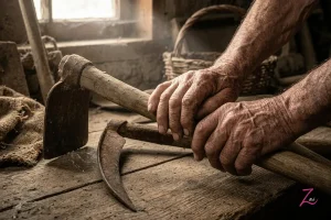 Manos de un campesino sosteniendo antiguos aperos de labranza sobre una mesa de madera en un desván rural.
