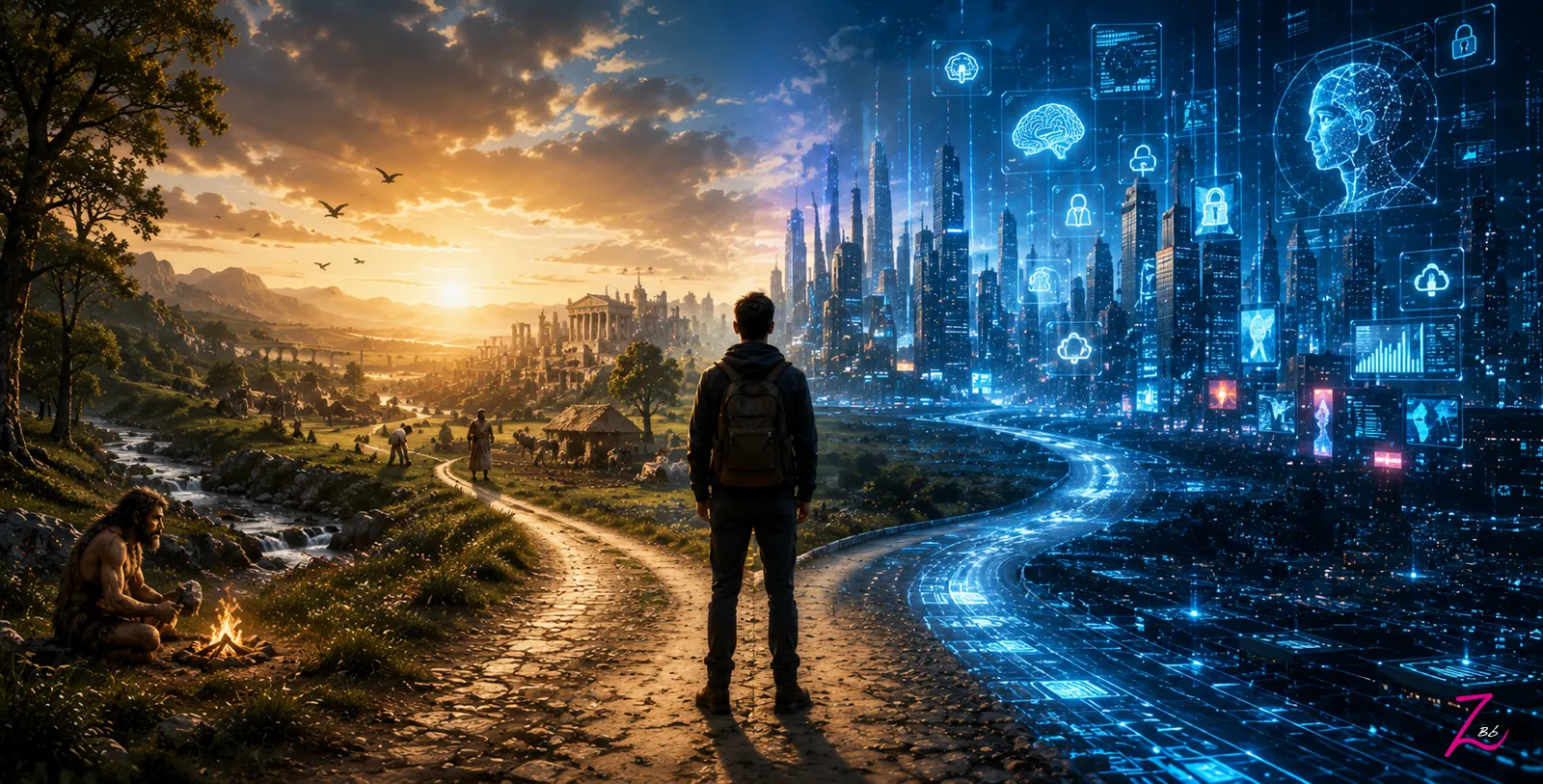 Persona contemplando un camino dividido entre un paisaje natural y una ciudad digital futurista, símbolo del aprendizaje y la adaptación al cambio tecnológico.