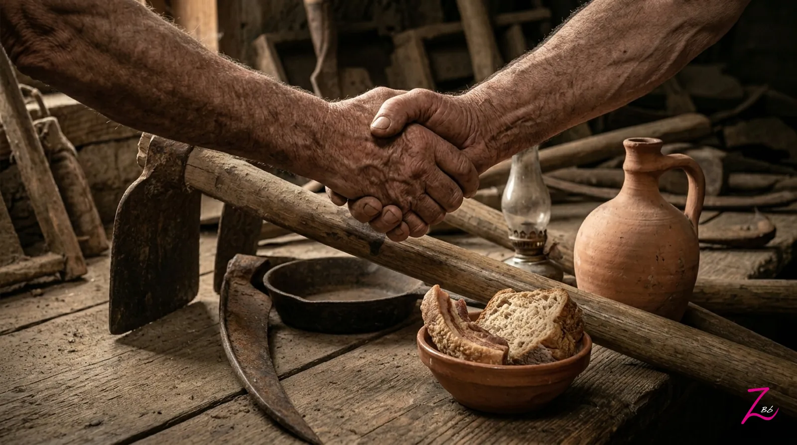 Dos manos curtidas de campesinos estrechándose sobre antiguos aperos de labranza en una casa rural tradicional.