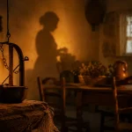 Candil antiguo encendido en una casa rural que simboliza la calidez del hogar y la mujer como alma de la familia.