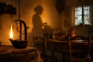 Candil antiguo encendido en una casa rural que simboliza la calidez del hogar y la mujer como alma de la familia.