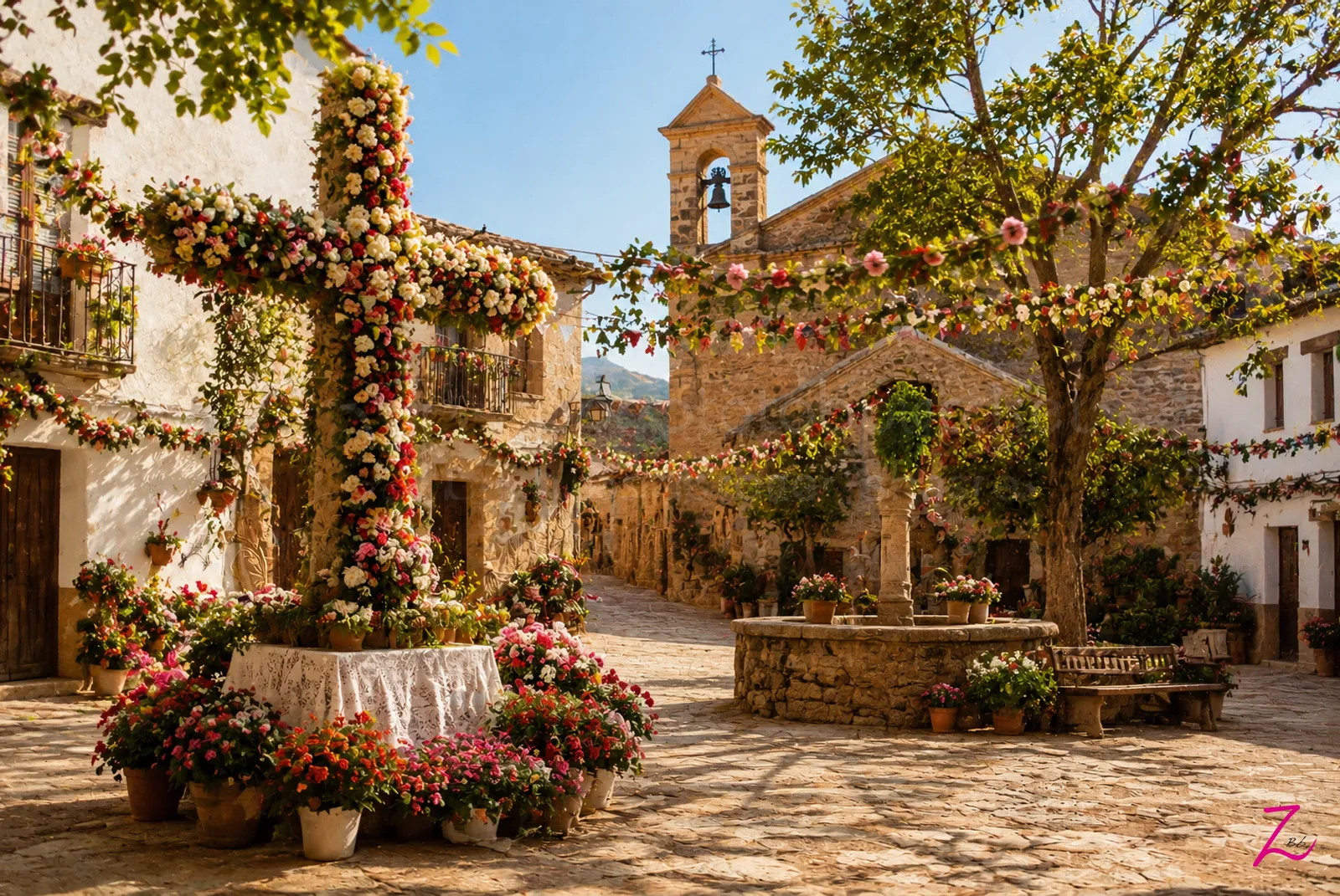 Plaza de un pueblo de la España rural adornada con una Cruz de Mayo cubierta de flores, símbolo de una de las tradiciones populares más representativas del patrimonio cultural español.