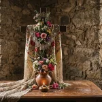 Cruz de Mayo adornada con flores y mantón tradicional en el interior de una antigua vivienda de piedra, símbolo del patrimonio cultural y las tradiciones de la España rural.