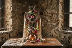 Cruz de Mayo adornada con flores y mantón tradicional en el interior de una antigua vivienda de piedra, símbolo del patrimonio cultural y las tradiciones de la España rural.