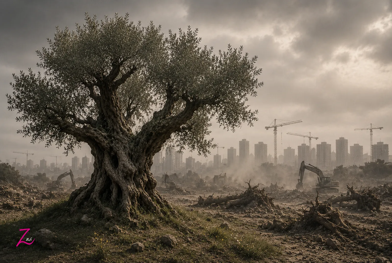 Olivo centenario frente al avance de la ciudad y las obras de construcción, símbolo de la transformación del paisaje y la memoria en Testigos Silenciosos de GraZie Magazine.