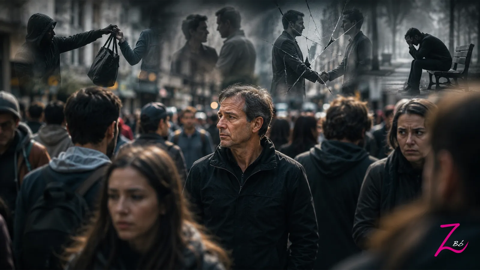 Un hombre observa con desconfianza a la multitud mientras escenas difuminadas de engaño, traición y soledad representan cómo las malas experiencias cambian nuestra forma de mirar a los demás.
