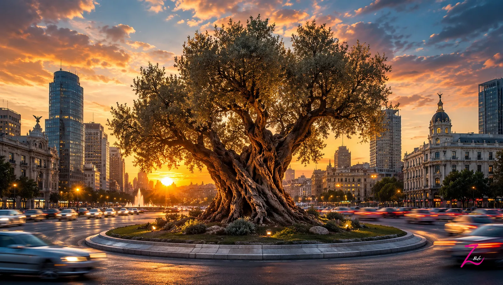 Olivo centenario en una rotonda de Madrid al atardecer, símbolo de memoria, esperanza y valores humanos en la colección Testigos Silenciosos de GraZie Magazine.