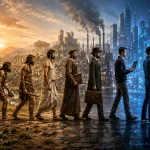 Ilustración de la evolución del ser humano desde la prehistoria hasta la era digital, mostrando la adaptación de la humanidad a los avances tecnológicos.