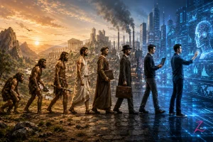 Ilustración de la evolución del ser humano desde la prehistoria hasta la era digital, mostrando la adaptación de la humanidad a los avances tecnológicos.