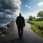 Una persona camina por una carretera entre un paisaje de tormenta y otro luminoso, símbolo del aprendizaje y la experiencia a lo largo de la vida.