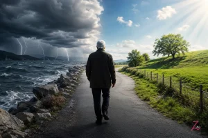 Una persona camina por una carretera entre un paisaje de tormenta y otro luminoso, símbolo del aprendizaje y la experiencia a lo largo de la vida.